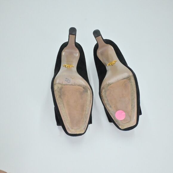 PRADA Heels Womens Size 36 Calzature Black Suede Gold Hardware Bow Milan Square - Picture 10 of 13